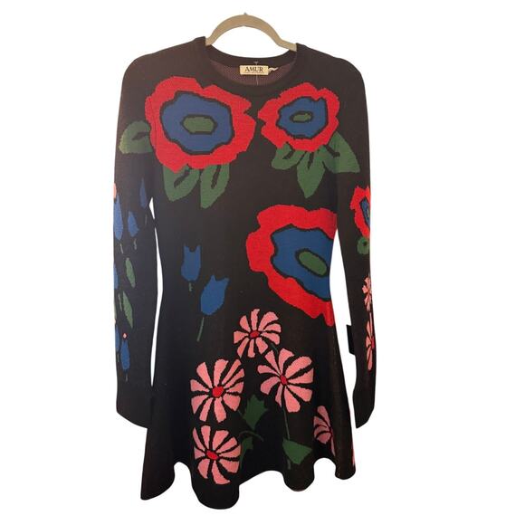 AMUR Nataly Floral Jacquard Merino Wool Sweater Mini Dress Black Multicolor Sm - Picture 4 of 5